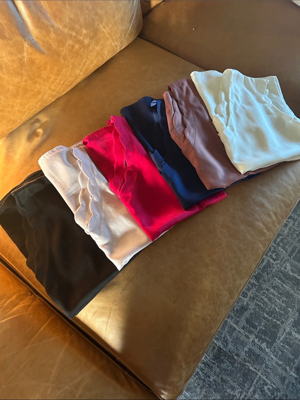 Express Blouses Scalloped V-Neck- Black, Pink, Bright Pink, Navy, Brown, White